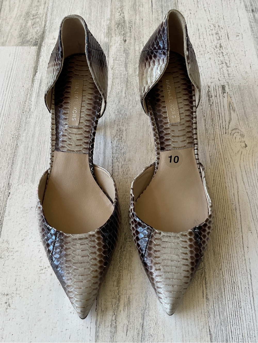 Michael Kors Brown Taupe Snake-Print Pointed-Toe D'Orsay Heels US SZ 10 EU 40
